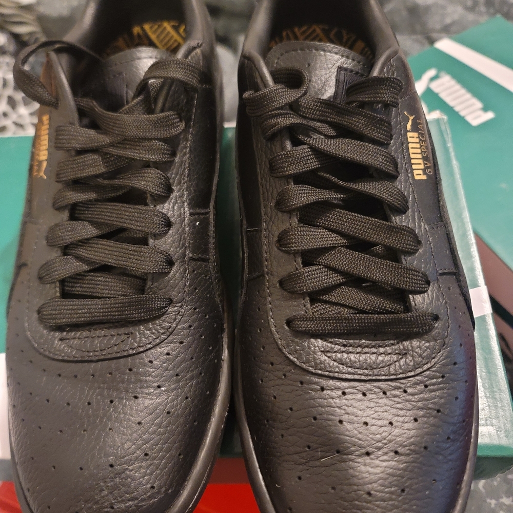 Puma Black Leather Sneakers with Perforated Design